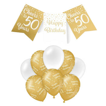 Paperdreams Luxe 50 jaar feestversiering set - Ballonnen & vlaggenlijnen - wit/goud - Feestpakketten