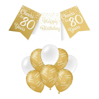 Paperdreams Luxe 80 jaar feestversiering set - Ballonnen & vlaggenlijnen - wit/goud - Feestpakketten