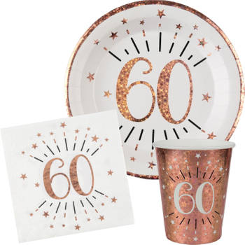 Verjaardag feest bekertjes/bordjes en servetten leeftijd - 60x - 60 jaar - rose goud - Feestpakketten