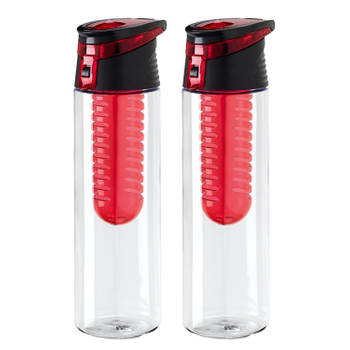 Waterfles/sportfles/drinkfles Waterprofs - 2x - transparant/rood - kunststof - 740 ml - met fruit filter - Drinkflessen