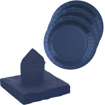 Santex 10x taart/gebak bordjes/20x servetten - kobalt blauw - Feestbordjes