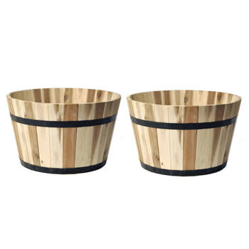 Mega Collections Plantenbak/bloempot - 2x - Low Barrel - hout - bruin - D53 x H32 cm - Plantenpotten