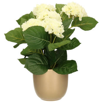 Hortensia kunstplant/kunstbloemen 36 cm - wit - in pot goud glans - Kunstplanten