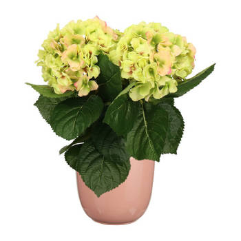 Hortensia kunstplant/kunstbloemen 36 cm - groen/roze - in pot lichtroze - Kunstplanten