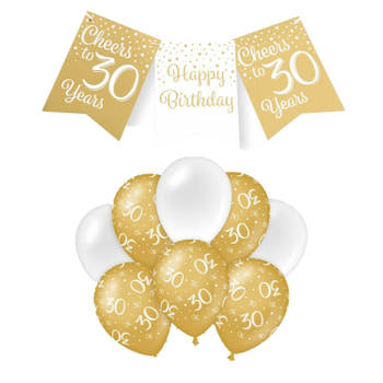 Paperdreams Luxe 30 jaar feestversiering set - Ballonnen & vlaggenlijnen - wit/goud - Feestpakketten