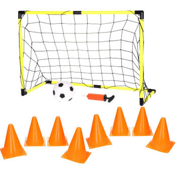 Voetbalgoal/voetbaldoel met bal en pomp - incl. 8x oranje pionnen 17 cm - Voetbaldoel