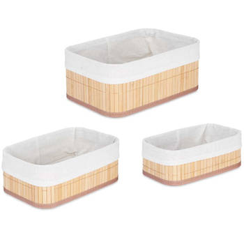 Kipit Badkamer/Toilet ruimte opbergmandjes - bamboe/stof wit - set 3x stuks - Opbergmanden