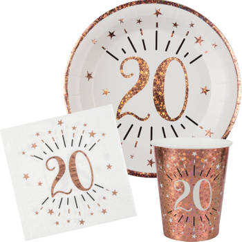 Verjaardag feest bekertjes/bordjes en servetten leeftijd - 30x - 20 jaar - rose goud - Feestpakketten