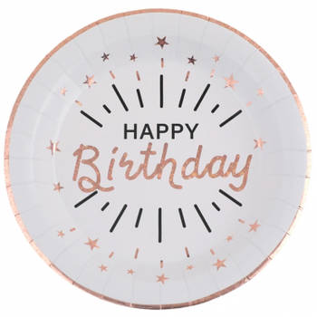 Santex Verjaardag feest bordjes happy birthday - 10x - rose goud - karton - 22 cm - rond - Feestbordjes