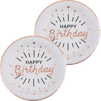 Verjaardag feest bordjes happy birthday - 20x - rose goud - karton - 22 cm - rond - Feestbordjes
