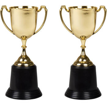 Trofee/prijs beker met handvaten - 2x - goud - kunststof - 22 cm - Fopartikelen