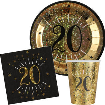 Verjaardag feest bekertjes/bordjes en servetten leeftijd - 30x - 20 jaar - goud - Feestpakketten