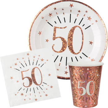 Verjaardag feest bekertjes/bordjes en servetten leeftijd - 30x - 50 jaar - rose goud - Feestpakketten