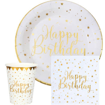Verjaardag feest bekertjes/bordjes en servetten - happy birthday - 60x - wit - Feestpakketten