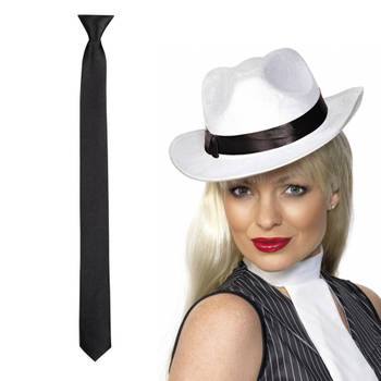 Carnaval verkleed Gangster/maffia set witte hoed met stropdas zwart - Verkleedhoofddeksels