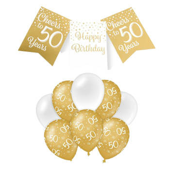 Paperdreams Luxe 50 jaar feestversiering set - Ballonnen & vlaggenlijnen - wit/goud - Feestpakketten