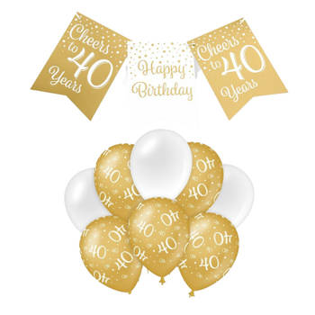Paperdreams Luxe 40 jaar feestversiering set - Ballonnen & vlaggenlijnen - wit/goud - Feestpakketten