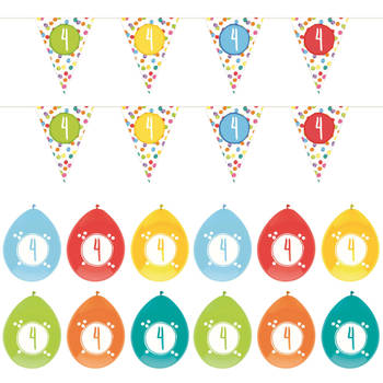 Leeftijd verjaardag 4 jaar geworden feestpakket vlaggetjes/ballonnen - Feestpakketten