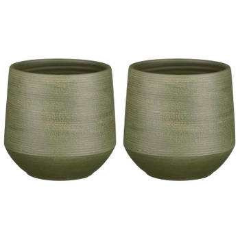 2x Stuks Plantenpot/bloempot keramiek donkergroen relief patroon - D19/H18 cm - Plantenpotten