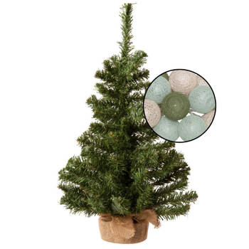 Mini kerstboom groen met verlichting - in jute zak - H60 cm - kleur mix groen - Kunstkerstboom