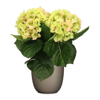 Hortensia kunstplant/kunstbloemen 36 cm - groen/roze - in pot taupe - Kunstplanten