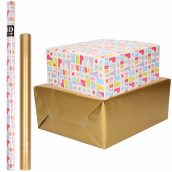 6x Rollen kraft inpakpapier happy birthday pakket - goud 200 x 70/50 cm - Cadeaupapier