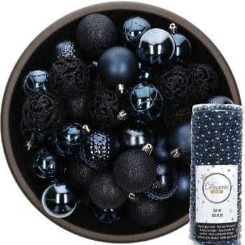 37x stuks kunststof kerstballen 6 cm inclusief kralenslinger donkerblauw - Kerstbal