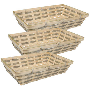 Broodmand rechthoekig - 3x - gevlochten bamboe hout - 34 x 24 x 8 cm - naturel/bruin - broodmand