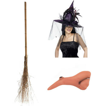 Smiffys Heksen verkleed set voor dames heksenhoed - haakneus - heksenbezem van 110 cm - Verkleedhoofddeksels