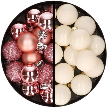 36x stuks kunststof kerstballen roze en wol wit 3 en 4 cm - Kerstbal