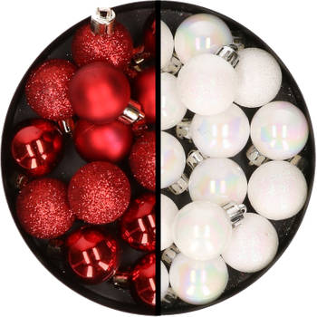 34x stuks kunststof kerstballen rood en parelmoer wit 3 cm - Kerstbal