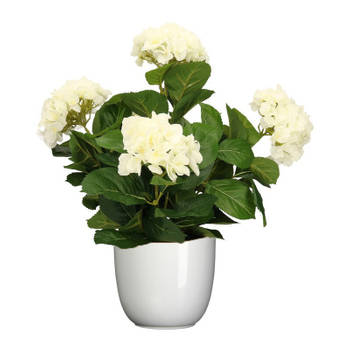 Hortensia kunstplant/kunstbloemen 45 cm - wit - in pot wit glans - Kunstplanten