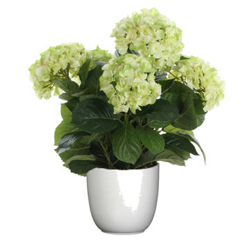 Hortensia kunstplant/kunstbloemen 45 cm - groen - in pot wit - Kunstplanten