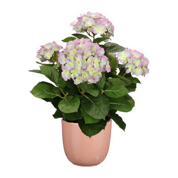 Hortensia kunstplant/kunstbloemen 45 cm - paars/groen - in pot roze glans - Kunstplanten