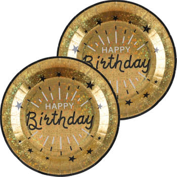 Verjaardag feest bordjes happy birthday - 20x - goud - karton - 22 cm - rond - Feestbordjes