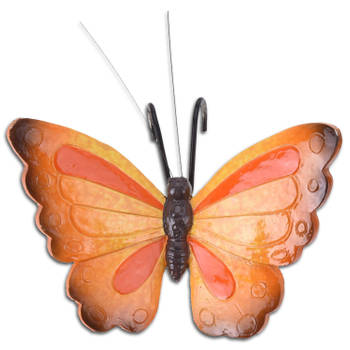 Pro Garden tuindecoratie bloempothanger vlinder - kunststeen - oranje/rood- 13 x 10 cm - Tuinbeelden
