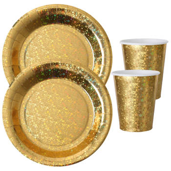 Feest wegwerp servies set - glitter - 20x bordjes / 20x bekers - goud - Feestpakketten