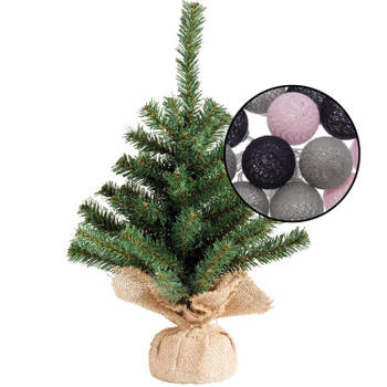 Mini kunst kerstboom groen met verlichting - in jute zak - H45 cm - kleur mix grijs - Kunstkerstboom