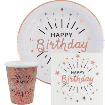 Verjaardag feest bekertjes/bordjes en servetten happy birthday - 60x - rose goud - Feestpakketten