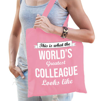 Bellatio Decorations cadeau tas voor collega - roze - katoen - 42 x 38 cm - world's greatest colleague - Feest Boodschap