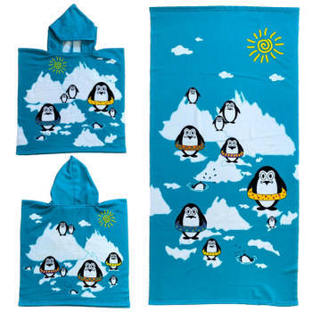 Set van bad cape/poncho met strand/badlaken microvezel - Strandhanddoeken voor kinderen met pinguins - Badcapes