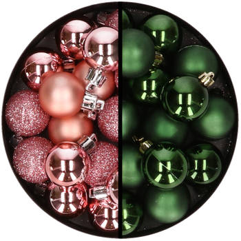 36x stuks kunststof kerstballen roze en donkergroen 3 en 4 cm - Kerstbal