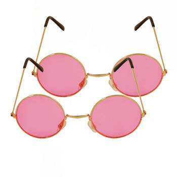 Roze hippie flower power set van 2 zonnebrillen met ronde glazen - Verkleedbrillen
