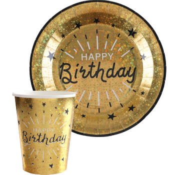 Verjaardag feest bekertjes/bordjes happy birthday - 20x - goud - karton - Feestpakketten