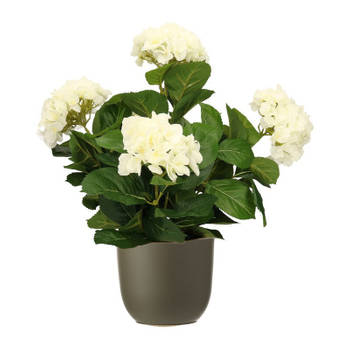 Hortensia kunstplant/kunstbloemen 45 cm - wit - in pot olijfgroen mat - Kunstplanten