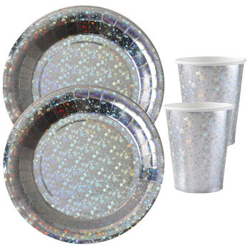 Feest wegwerp servies set - glitter - 20x bordjes / 20x bekers - zilver - Feestpakketten