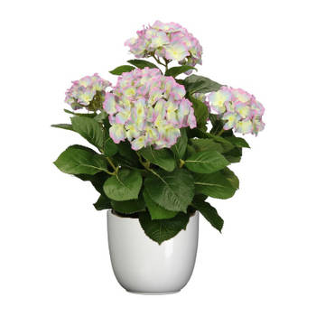 Hortensia kunstplant/kunstbloemen 45 cm - paars/groen - in pot wit glans - Kunstplanten