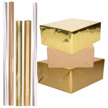 12x Rollen kraft inpakpapier goud/transparant pakket - goud/cellofaan/bruin 500 x 70 cm - 400 x 50 c - Cadeaupapier