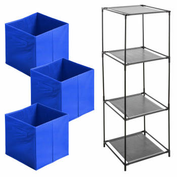 Kastmandjes/opberg mandjes - blauw - 3x stuks van 29 Liter - In rekje van 34 x 98 cm - Opbergmanden