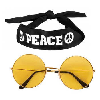 Hippie Flower Power verkleedset hoofdband met ronde glazen bril geel - Verkleedhoofddeksels